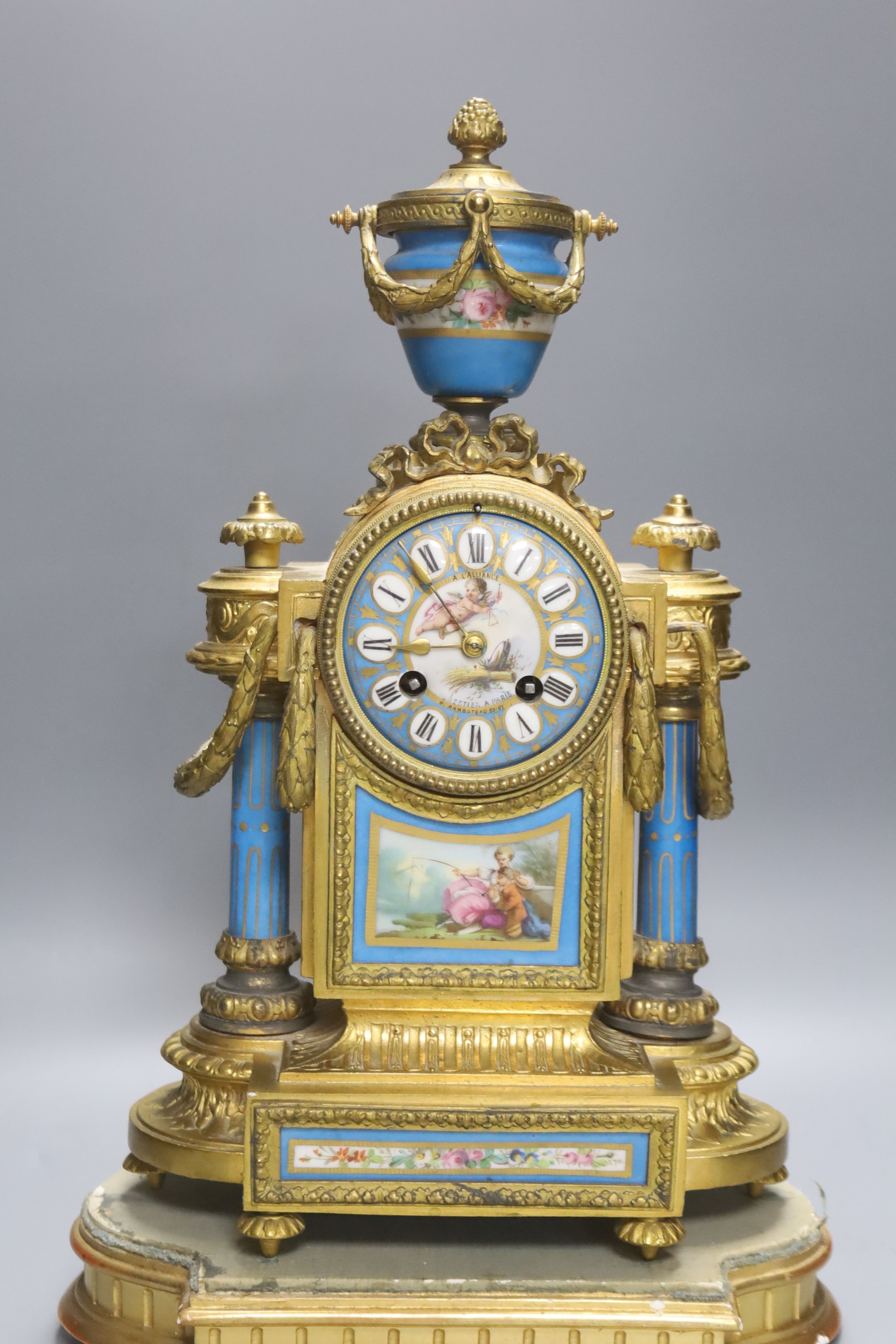 A late 19th century French gilt metal and porcelain mounted mantel clock, Japy freres movement countwheel striking on a bell, on plinth, height 44cm